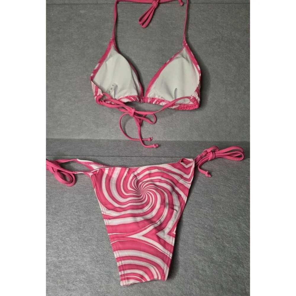 CUPSHE Bikini Set Women's Size S Pink Swirl Triangle Tie Side 2 Piece NWT